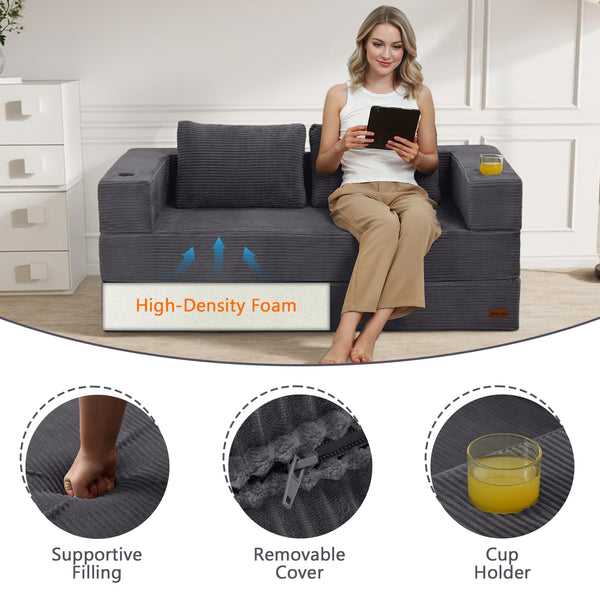 Convertible Futon Sofa Bed with Corduroy Cover & Pillow