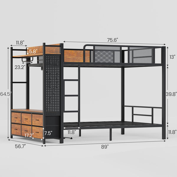 Metal Bunk Bed with Storage, LED Lights & Power Outlet