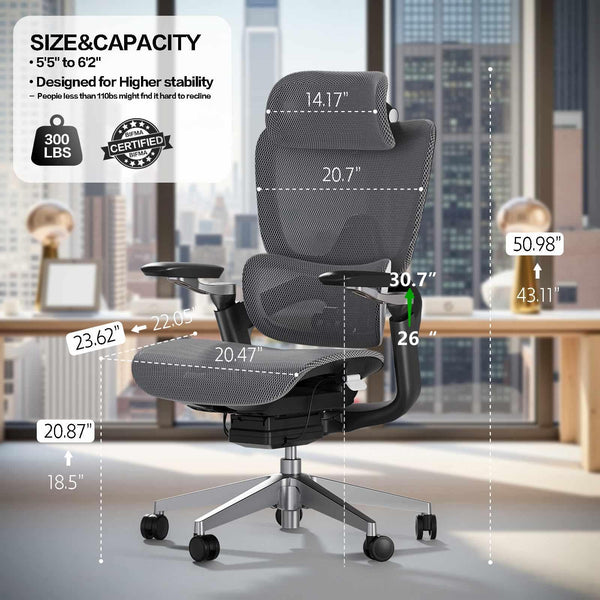 Ergonomic Mesh Office Chair with 3D Lumbar Support, 5D Armrests & 4D Headrest