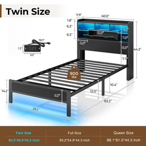 Platform Bed Frame with Storage Headboard, LED Lights & Charging Station