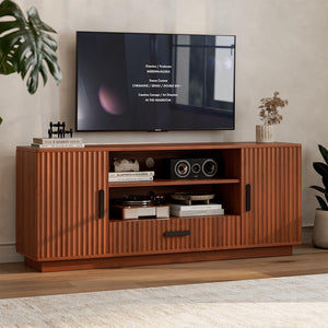 LCRBOL TV Stand for Living Room ＆ Bedroom, Mid Century Entertainment Center for Up to 70 Inch TV, Fluted TV Console with Storage Cabinets ＆ Drawer, Walnut