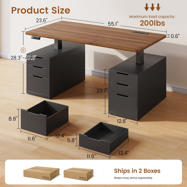 Electric Standing Desk with Drawers & Power Outlets – 55 Inch Adjustable Height
