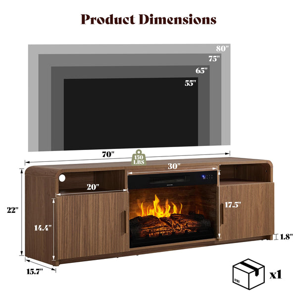 AMERLIFE 70" Fluted Fireplace TV Stand for TVs Up to 80", Modern TV Console with 30" Electric Fireplace & Storage Cabinets, Media Entertainment Center for Living Room, Brown