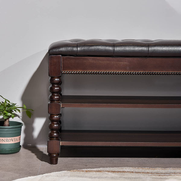 Solid Wood Shoe Storage Bench with Lift-Top Leather Seat, 2-Tier Entryway Organizer
