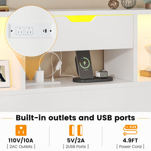 Queen Size Bookcase Headboard with Storage, LED Lights & Charging Station