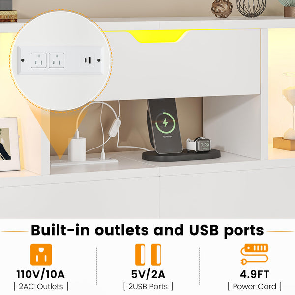Queen Size Bookcase Headboard with Storage, LED Lights & Charging Station