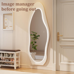 LED Full Length Wavy Floor Mirror with Wood Frame
