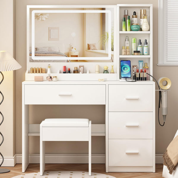 Vanity Desk with Mirror, Lights & 4 Drawers – Makeup Table Set with Stool