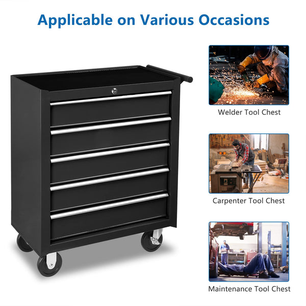 5-Drawer Rolling Tool Chest with Lockable Wheels & Top Cushion