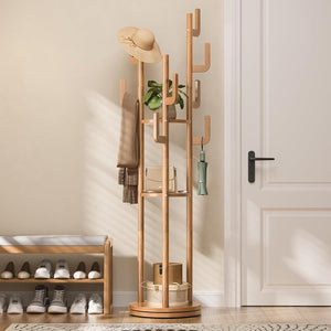 360° Rotating Freestanding Coat Rack with 9 Hooks & 3 Shelves – Solid Rubberwood Hall Tree