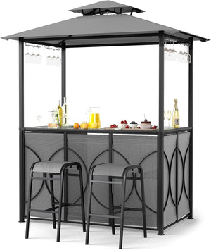 3-Piece Outdoor Patio Bar Set with Grill Gazebo & Bar Stools