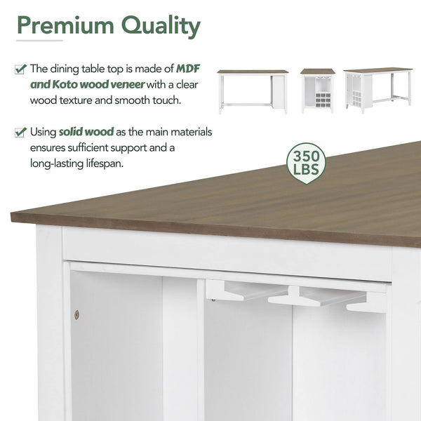 5-Piece Counter Height Dining Set with Wine Storage — Rubber Wood, Brown & White Wash