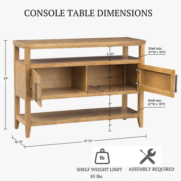Console Table with Storage Cabinet – Cane Door, Honey Wood Finish, 47.75"W