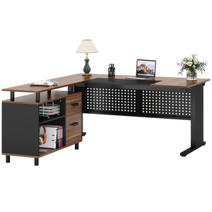 L-Shaped Executive Desk with File Cabinet & Storage Shelves