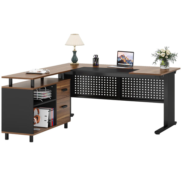 L-Shaped Executive Desk with File Cabinet & Storage Shelves
