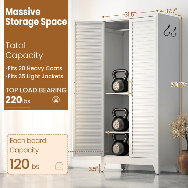 71" Metal Wardrobe Closet with Louvered Doors & Adjustable Shelves