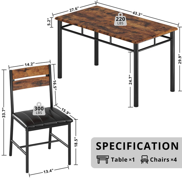 5-Piece Dining Table Set for 4 with Upholstered Chairs