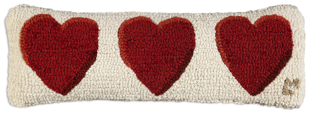 Three Hearts Hand-Hooked Wool Throw Pillow 8 x 24 Inch