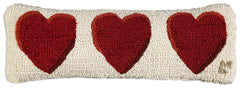 Three Hearts Hand-Hooked Wool Throw Pillow 8 x 24 Inch