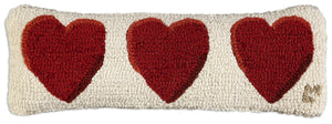 Three Hearts Hand-Hooked Wool Throw Pillow 8 x 24 Inch
