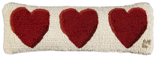 Three Hearts Hand-Hooked Wool Throw Pillow 8 x 24 Inch
