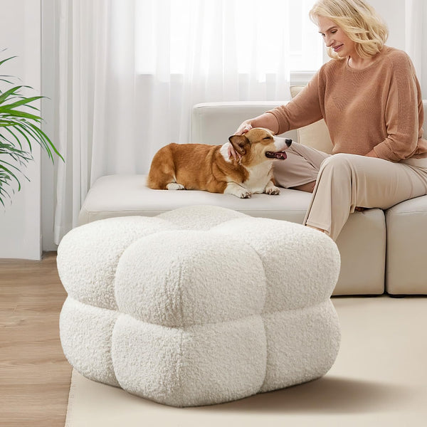 Square Tufted Ottoman Foot Rest – Teddy Fabric, Upholstered Pouf Stool