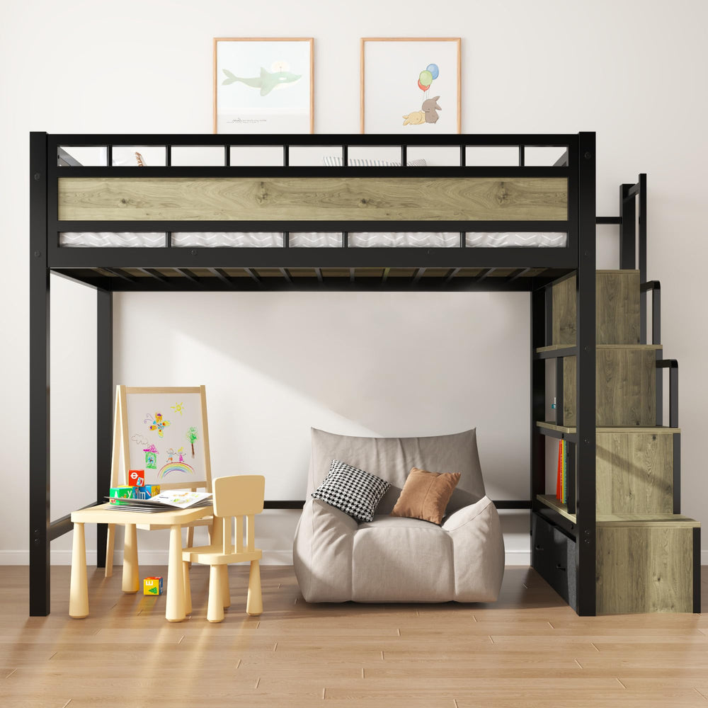 Twin Loft Bed with Storage Stairs & Drawers – Heavy Duty Metal