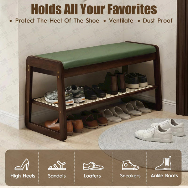 2-Tier Bamboo Shoe Rack Bench with Cushion & Hidden Storage