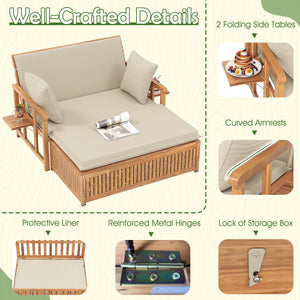 Acacia Wood Outdoor Daybed Set with Adjustable Backrest & Storage Ottoman