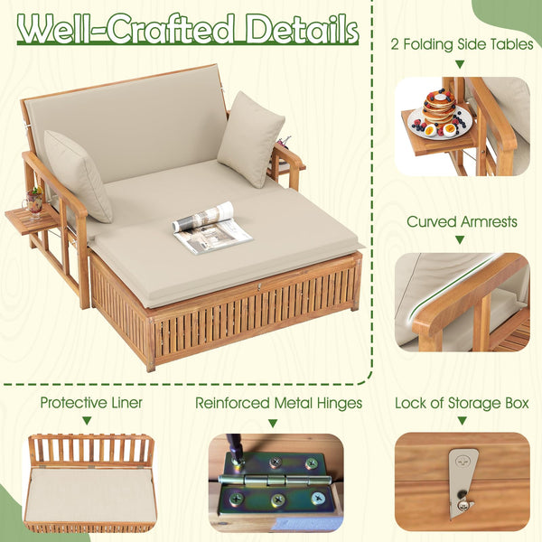 Acacia Wood Outdoor Daybed Set with Adjustable Backrest & Storage Ottoman