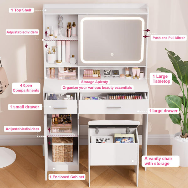 Vanity Desk with LED Mirror, Power Outlets & Storage
