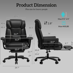 Big & Tall Reclining Office Chair with Footrest, Wide Seat, High Back, Criss Cross Wheels