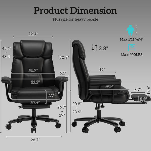 Big & Tall Reclining Office Chair with Footrest, Wide Seat, High Back, Criss Cross Wheels