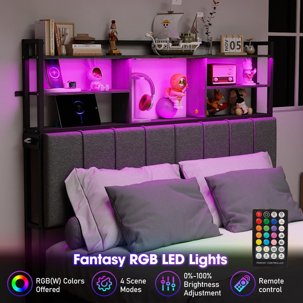 Upholstered Headboard with Storage Shelves, USB Charging & LED Light