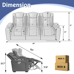 Power Reclining Home Theater Sofa – 3-Seat Leather with USB & Wireless Charging