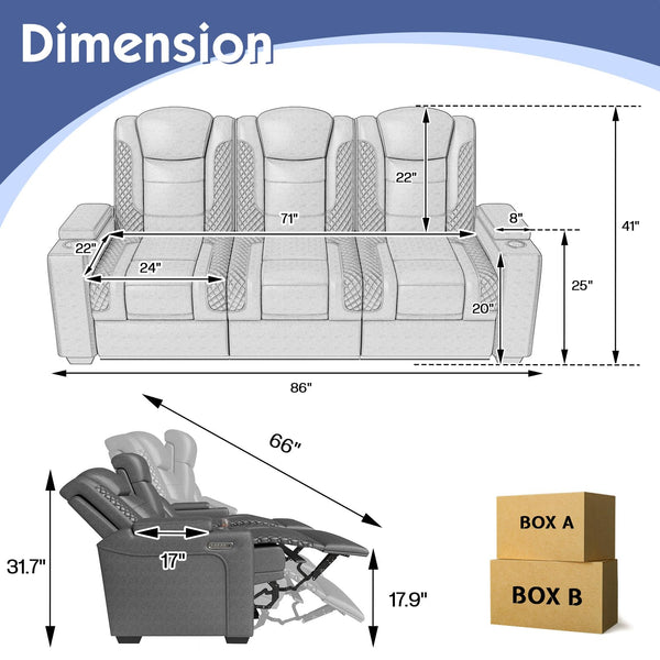 Power Reclining Home Theater Sofa – 3-Seat Leather with USB & Wireless Charging