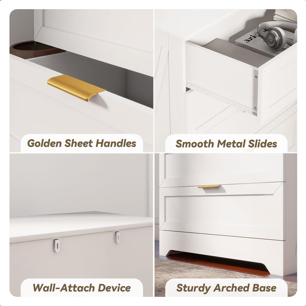 4-Drawer Dresser with Golden Handles – White, Wash Grey, Light Oak