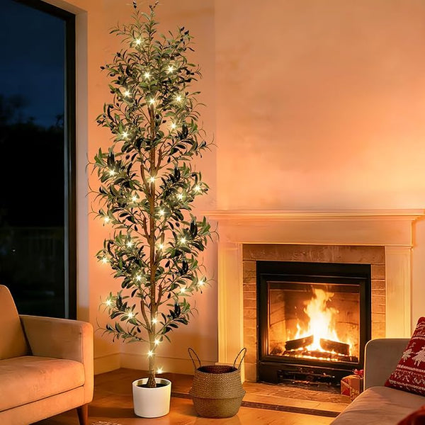 Faux Olive Tree – 6ft & 7ft Indoor Artificial Tree with Planter, Basket & Lights