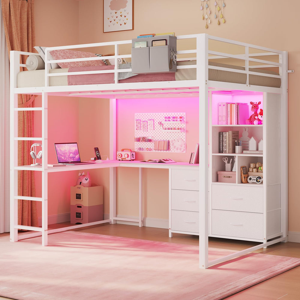 Full Size Loft Bed with L-Desk, Bookshelf & Storage