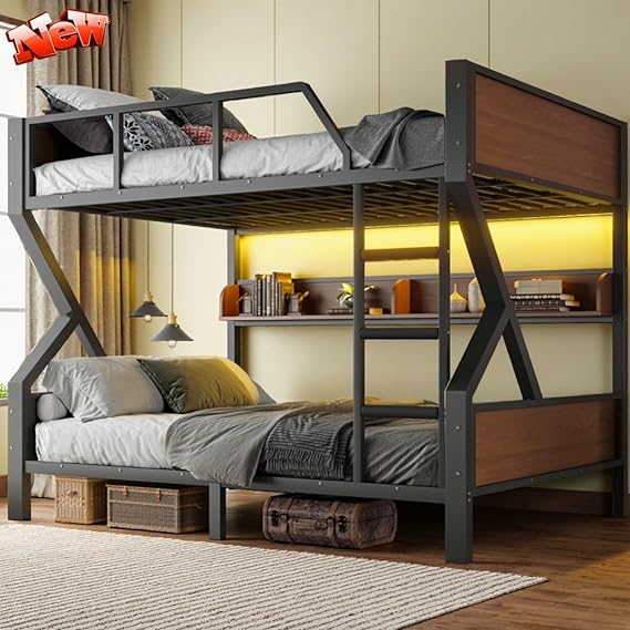 Metal Bunk Bed with LED Light & Storage Shelf