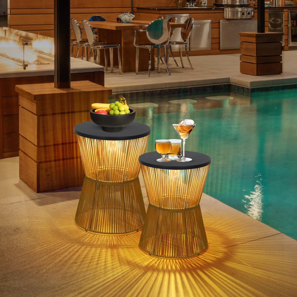 Solar Outdoor Side Table Set of 2 with Dimmable Light – Boho Rattan Patio End Tables