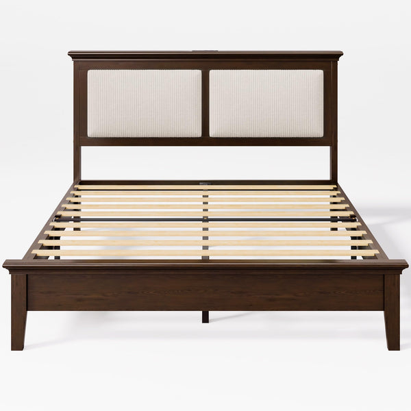 Wood Bed Frame with LED Headboard & Charging Station