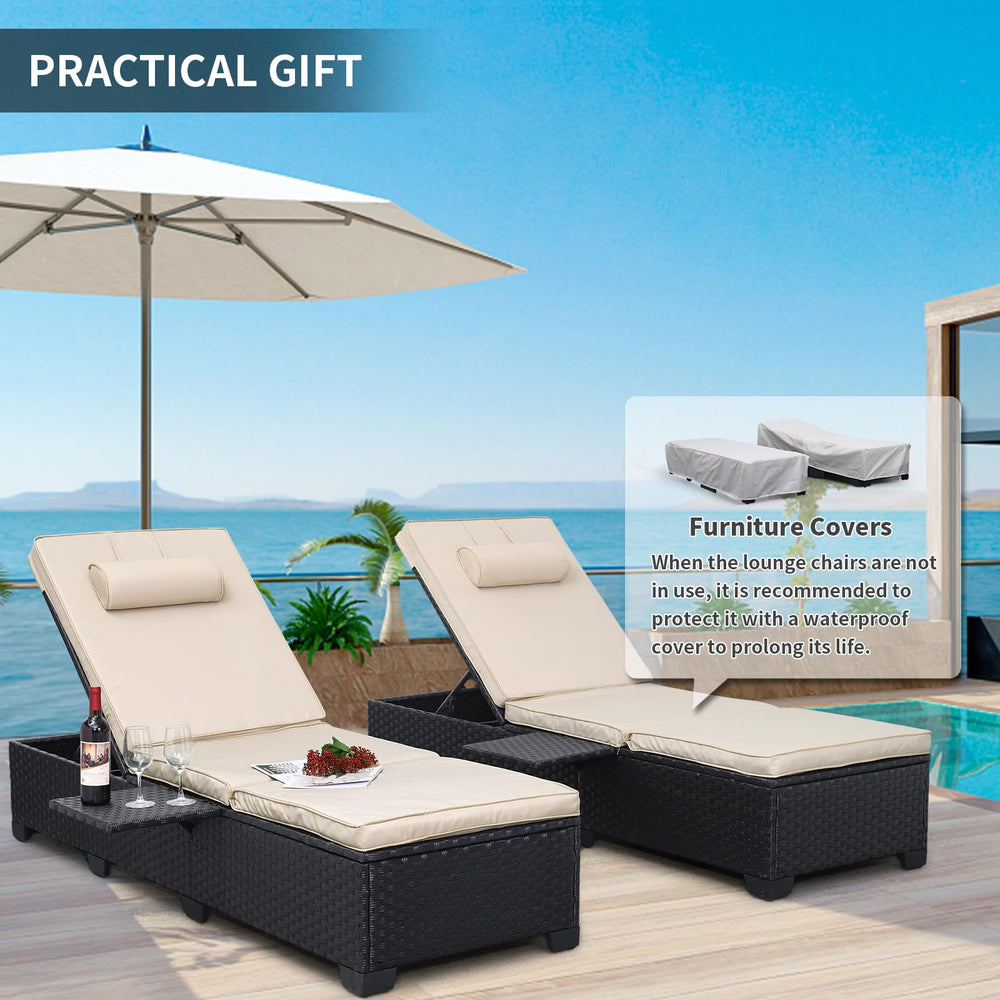 Outdoor Wicker Chaise Lounge Chairs Set of 2 with Adjustable Backrest & Cushions