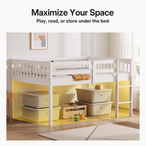 Kids Low Loft Bed Full Size - Solid Wood with LED Lights & USB Ports