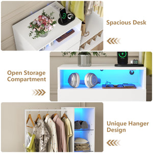 LED Wardrobe with Hanging Rod, Drawers & Charging Station