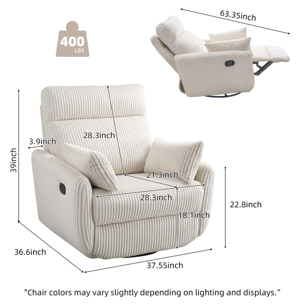 Corduroy Swivel Recliner Chair with Glider & 2 Pillows