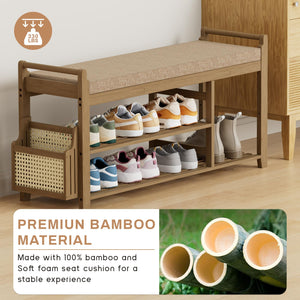 Bamboo Entryway Shoe Bench with Cushion and Side Holder