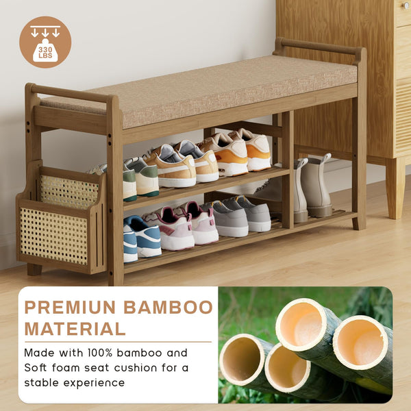 Bamboo Entryway Shoe Bench with Cushion and Side Holder