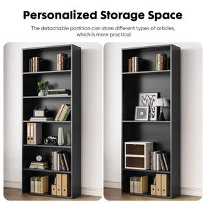 6-Tier Wood Bookcase - 63 Inch Tall Floor Standing Open Bookshelf, Black