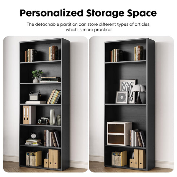 6-Tier Wood Bookcase - 63 Inch Tall Floor Standing Open Bookshelf, Black
